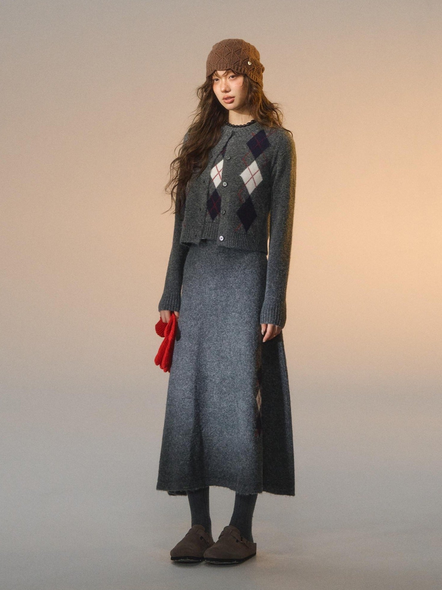 SOMESOWE Embroidered Plaid Slim Fit Long Sleeve Crew Neck Women Casual Top & Skirt Sets