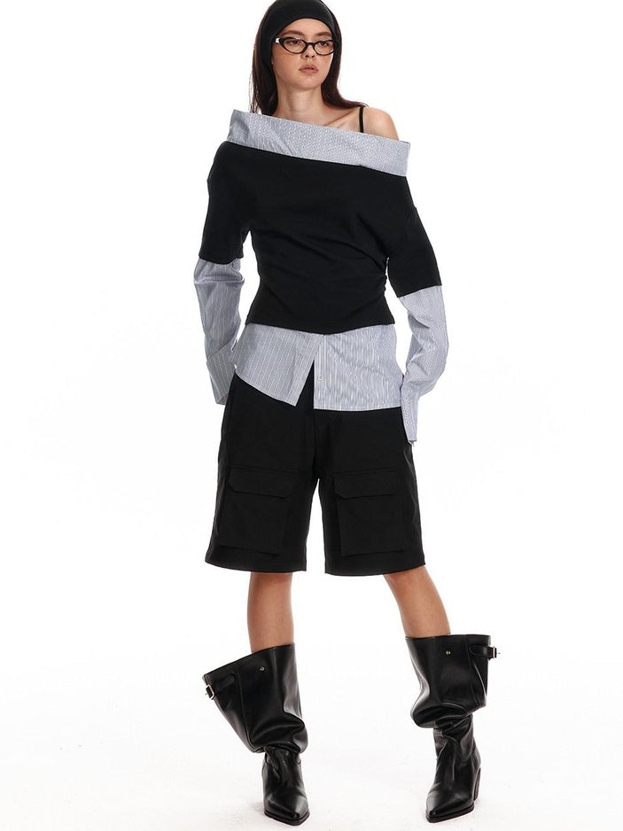 ALINNVSTUDIO Original Loose Slant Collar Cotton Stretch Pullover Women Long Sleeve T-Shirts