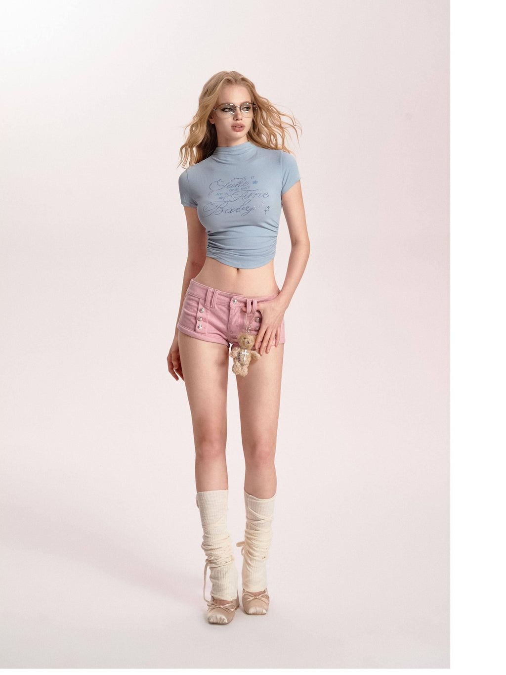 DeleteEx Ruched Cotton Slim Fit Office Ready Short Sleeve Crew Neck Women Basic Crop Tops