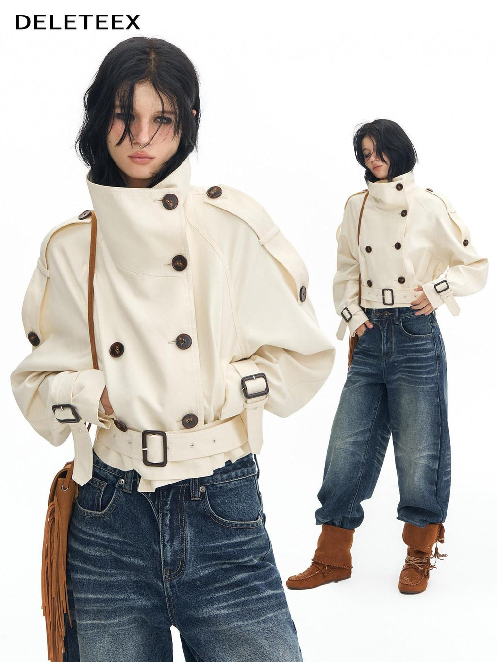 DeleteEx Cotton Blend Stand Collar Short Double Breasted London Off White Trench Coats