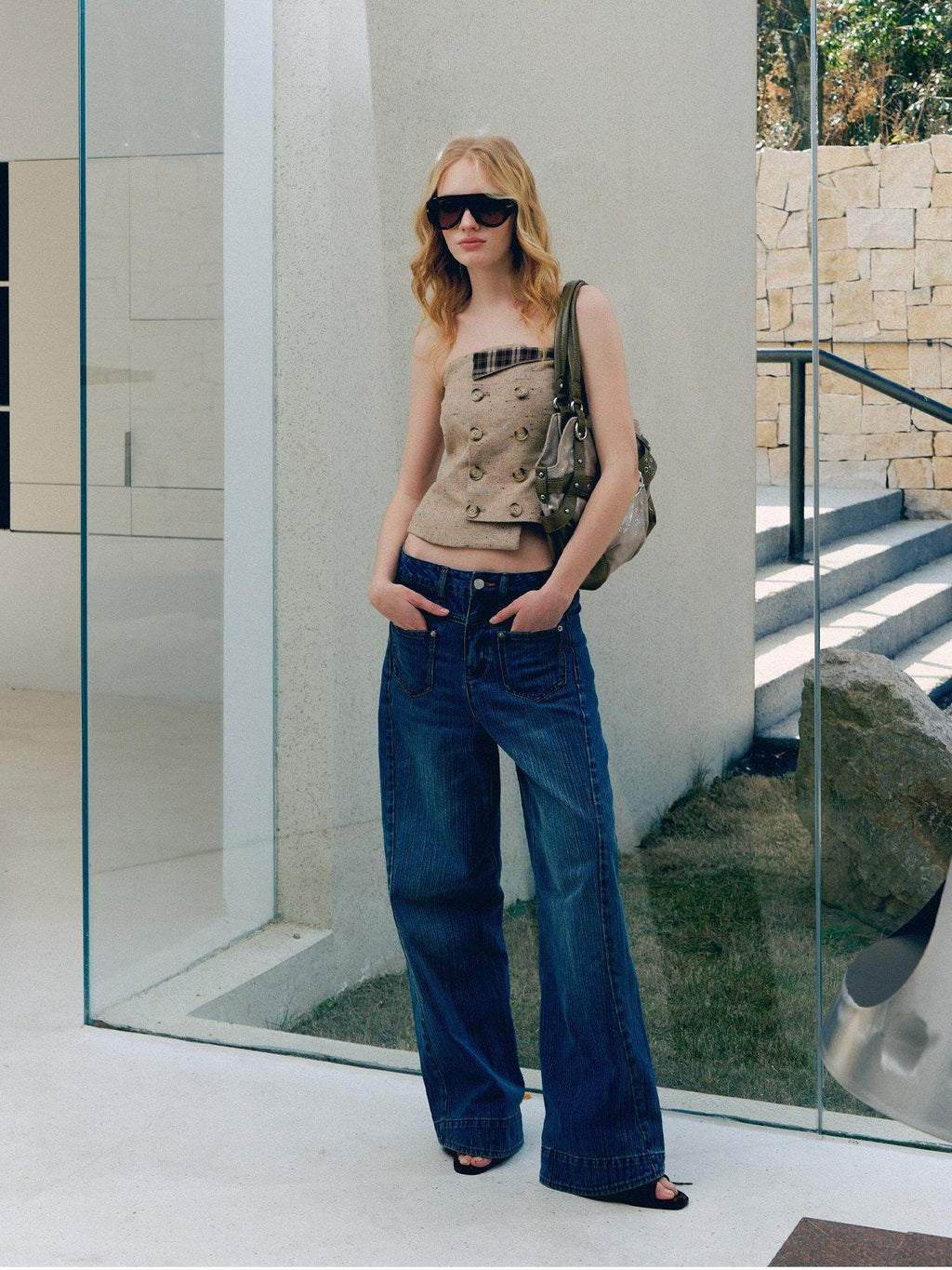 DeleteEx Cityscape Chic Loose Fit Natural Waist Button Fly Blue Women Wide Leg Jeans