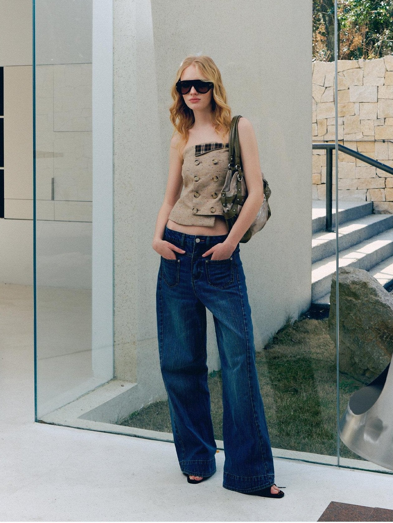 DeleteEx Cityscape Chic Loose Fit Natural Waist Button Fly Blue Women Wide Leg Jeans