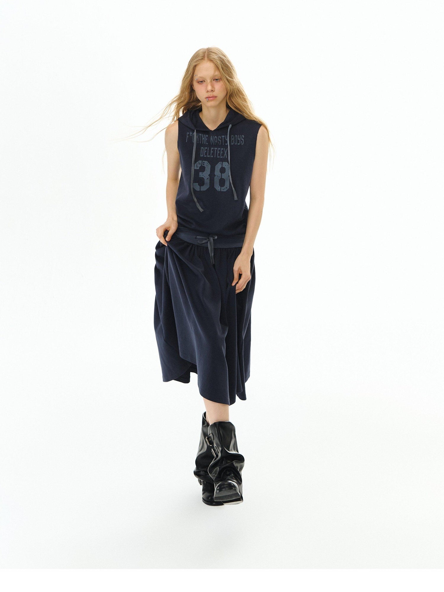 DeleteEx Soft Cotton Blend Elastic Waist Insta Sleeveless Printed Vest Navy Midi Dresses