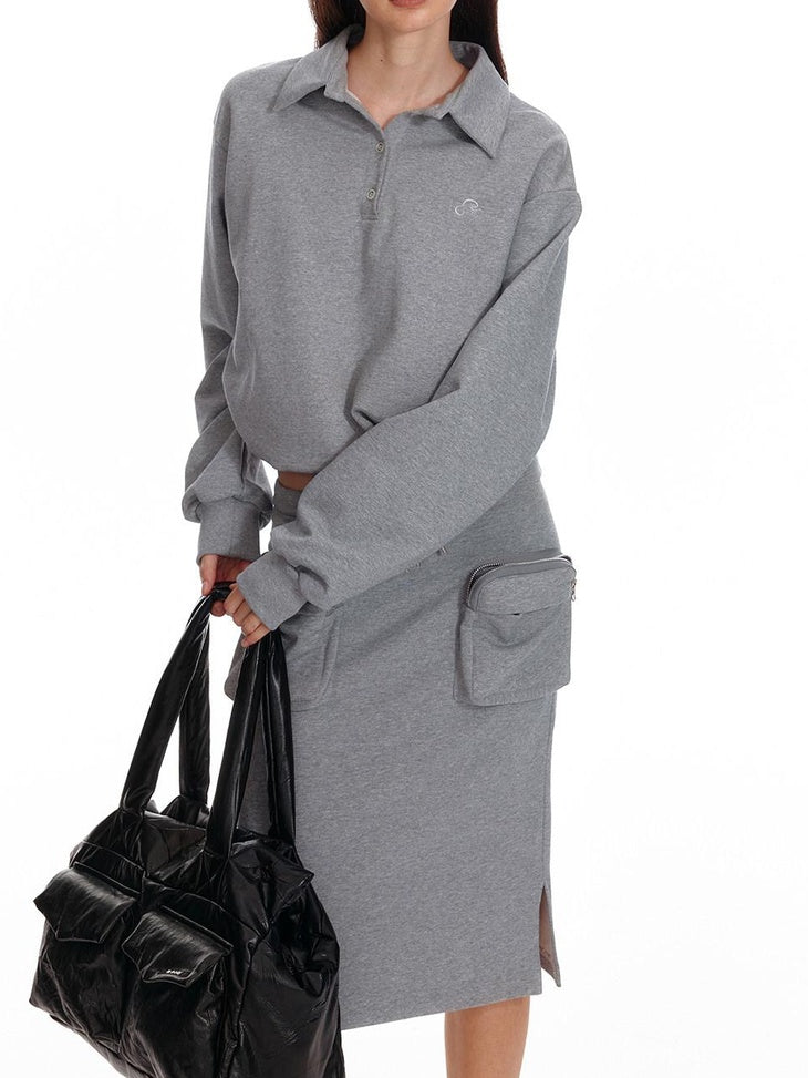 ALINNVSTUDIO Cropped Loose Fit Polo Collar Long Sleeve Commuter Solid Color Sweatshirt