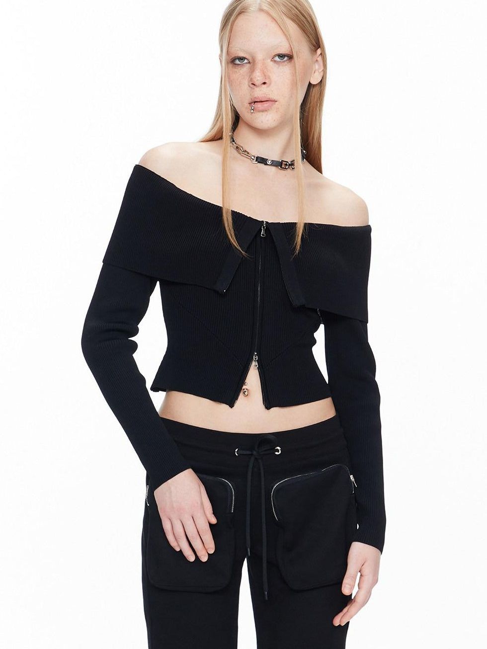 ALINNVSTUDIO Black Long Sleeve One Size Open Front Office Style Solid Off Shoulder Crop Tops