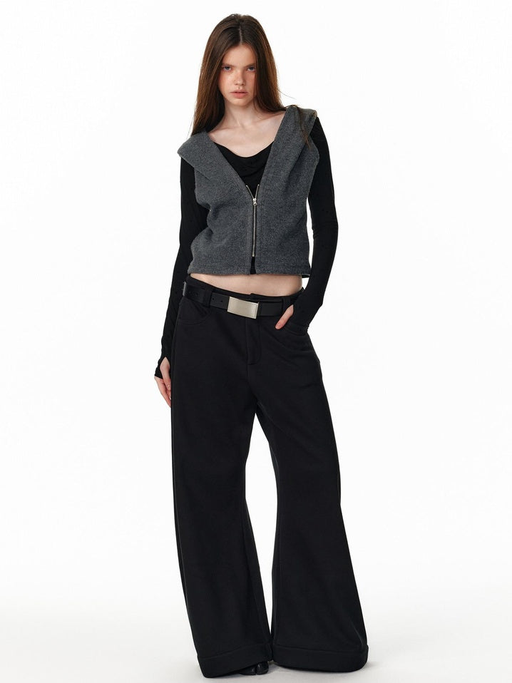 ALINNVSTUDIO Vintage Faux Layered Hooded Zip Knit Short Length Women Black Gray Cardigans
