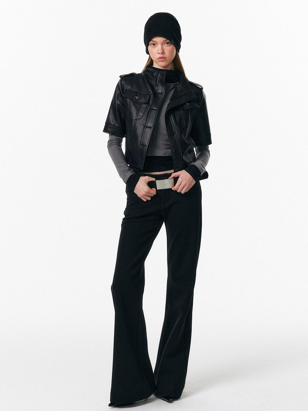 ALINNVSTUDIO Sleek Pu Slim Fit Cropped Short Sleeve Stand Collar Women Leather Jackets