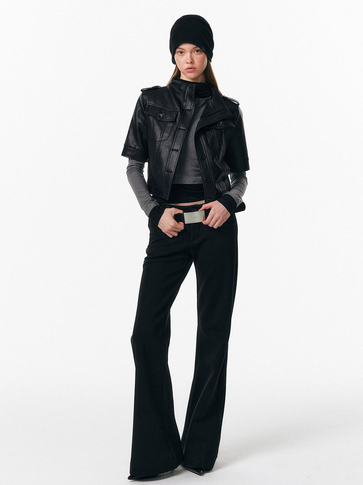 ALINNVSTUDIO Sleek Pu Slim Fit Cropped Short Sleeve Stand Collar Women Leather Jackets