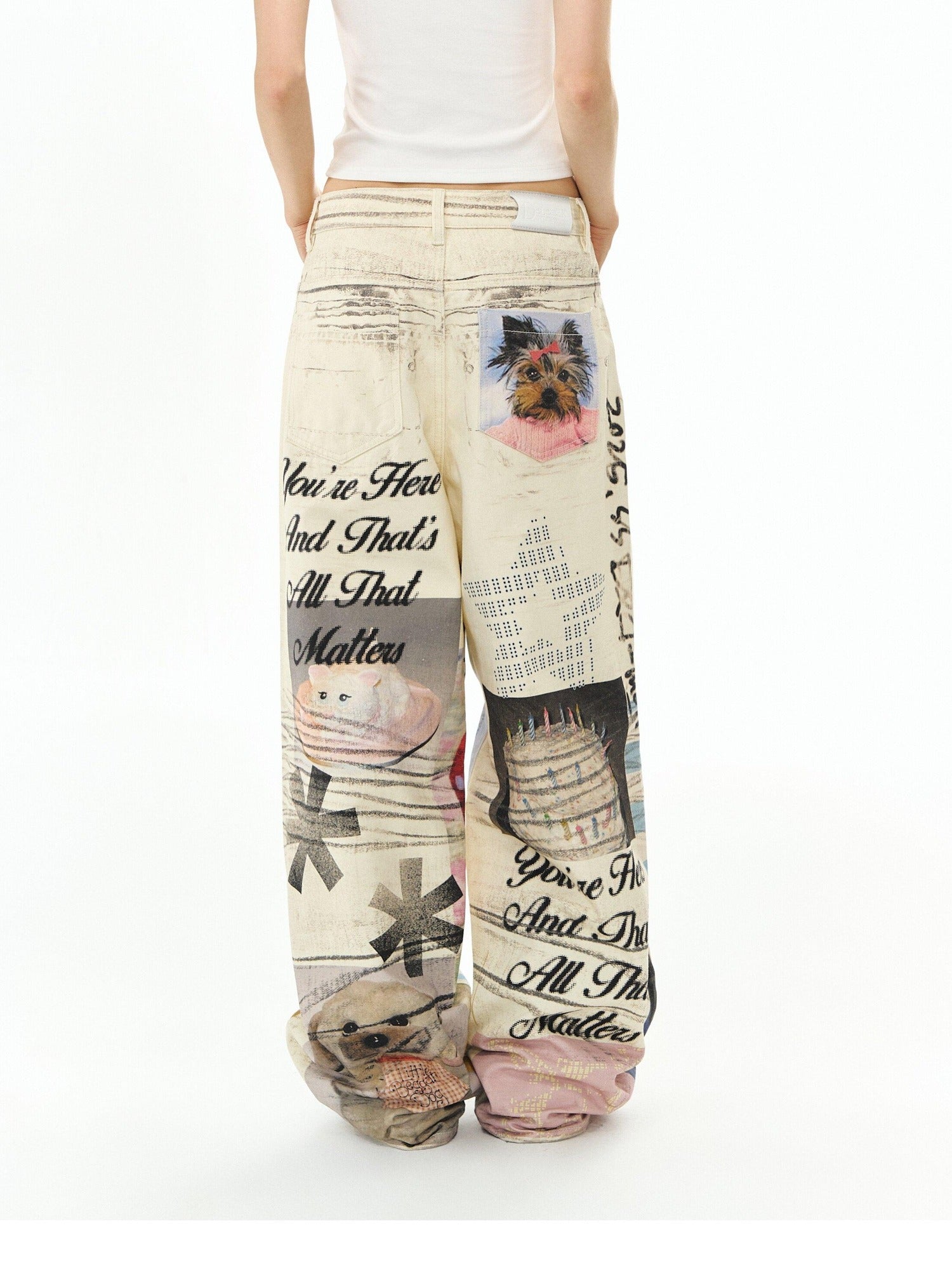 DeleteEx Cotton Washed Print Loose Natural Waist Zipper Wide Leg Jeans