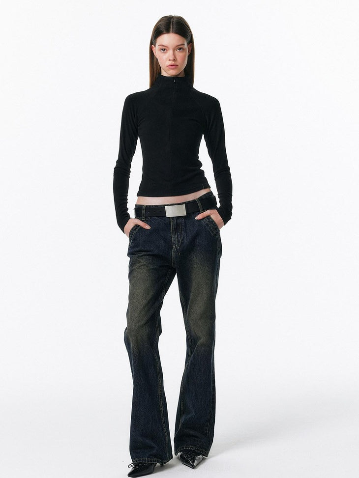 ALINNVSTUDIO Zip Half Collar Slim Commuter Ladies Black Olive Long Sleeve T-Shirts