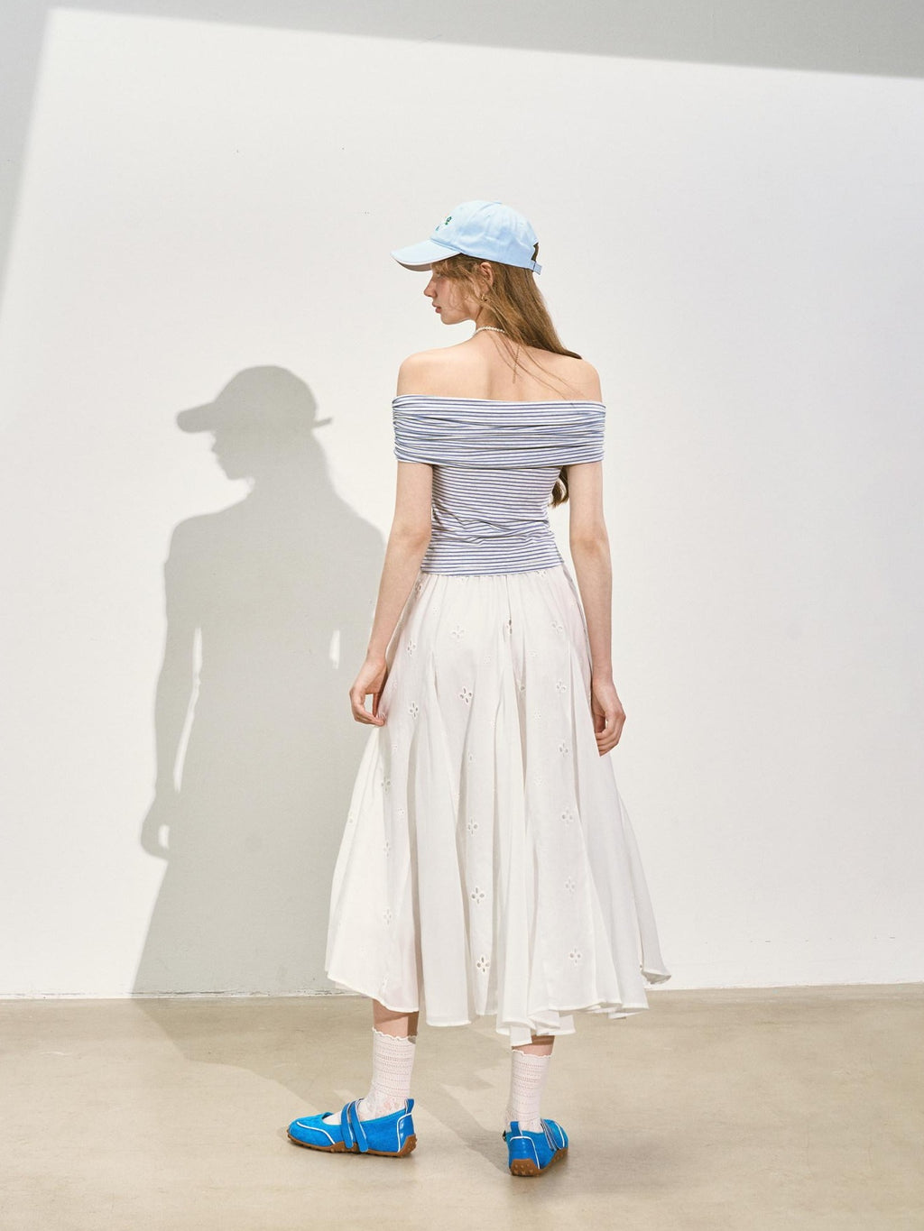 SOMESOWE Stretch Cotton Slim Cropped Bardot Blue White Striped Short Sleeve T-Shirts