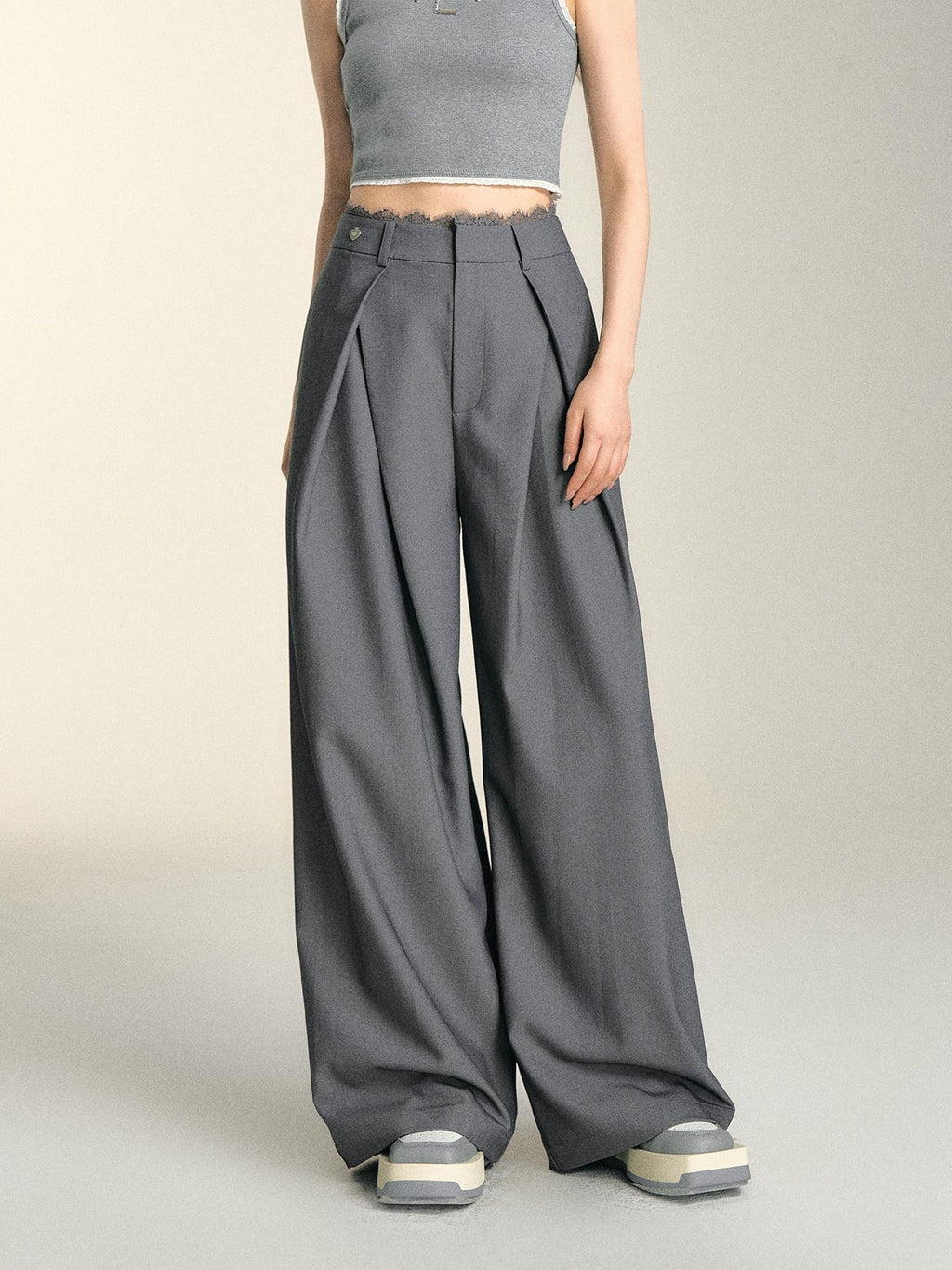 SOMESOWE Casual Lace Trim Patchwork Pocket Relaxed Natural Waist Women Wide Leg Pants