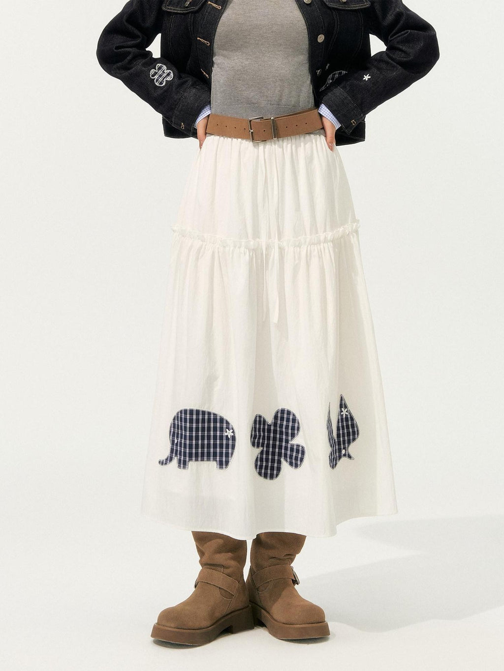 SOMESOWE High Waist French A Line Patch Detail Loose Fit Casual White Maxi Skirts
