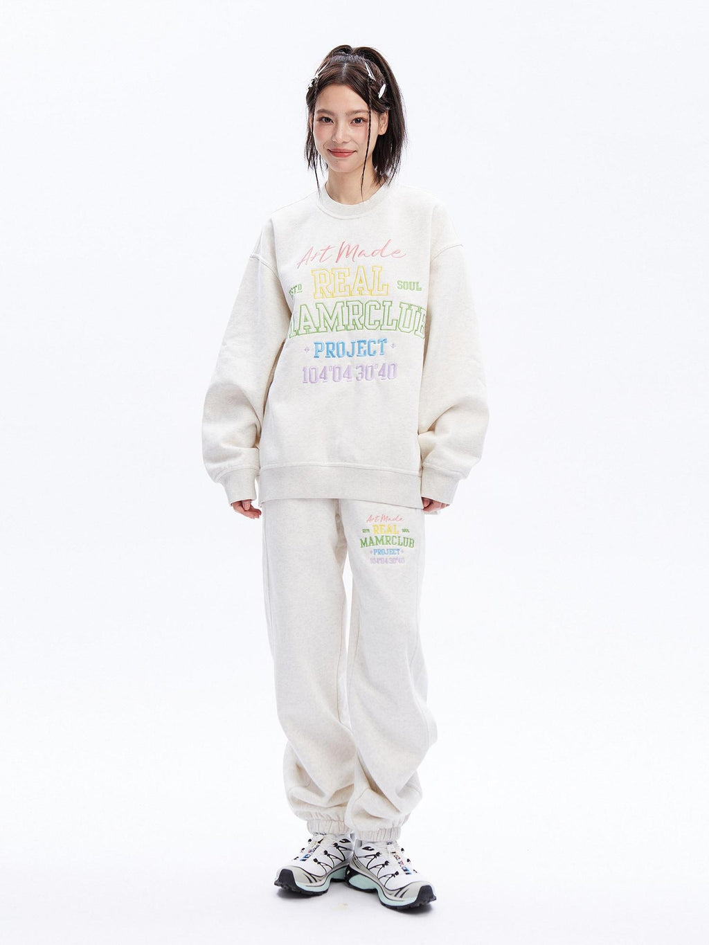 DeleteEx Embroidered Loose Fit Cotton Blend Crew Neck Women Grey Black Top & Pants Sets