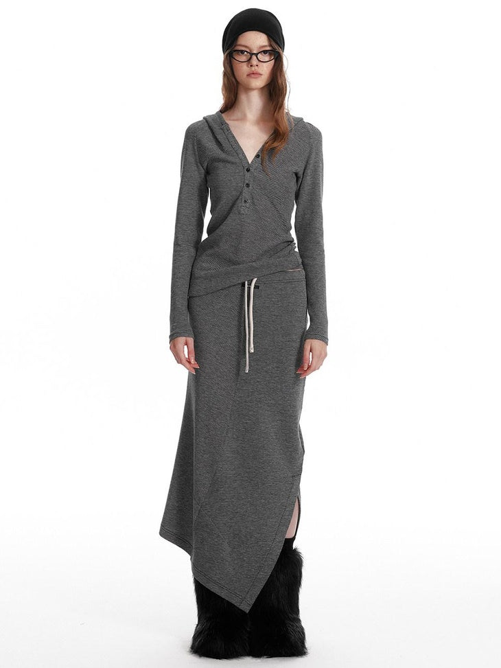 ALINNVSTUDIO Cozy Hooded Long Sleeve Button Front Curved Hem Youth Gray Top & Skirt Sets