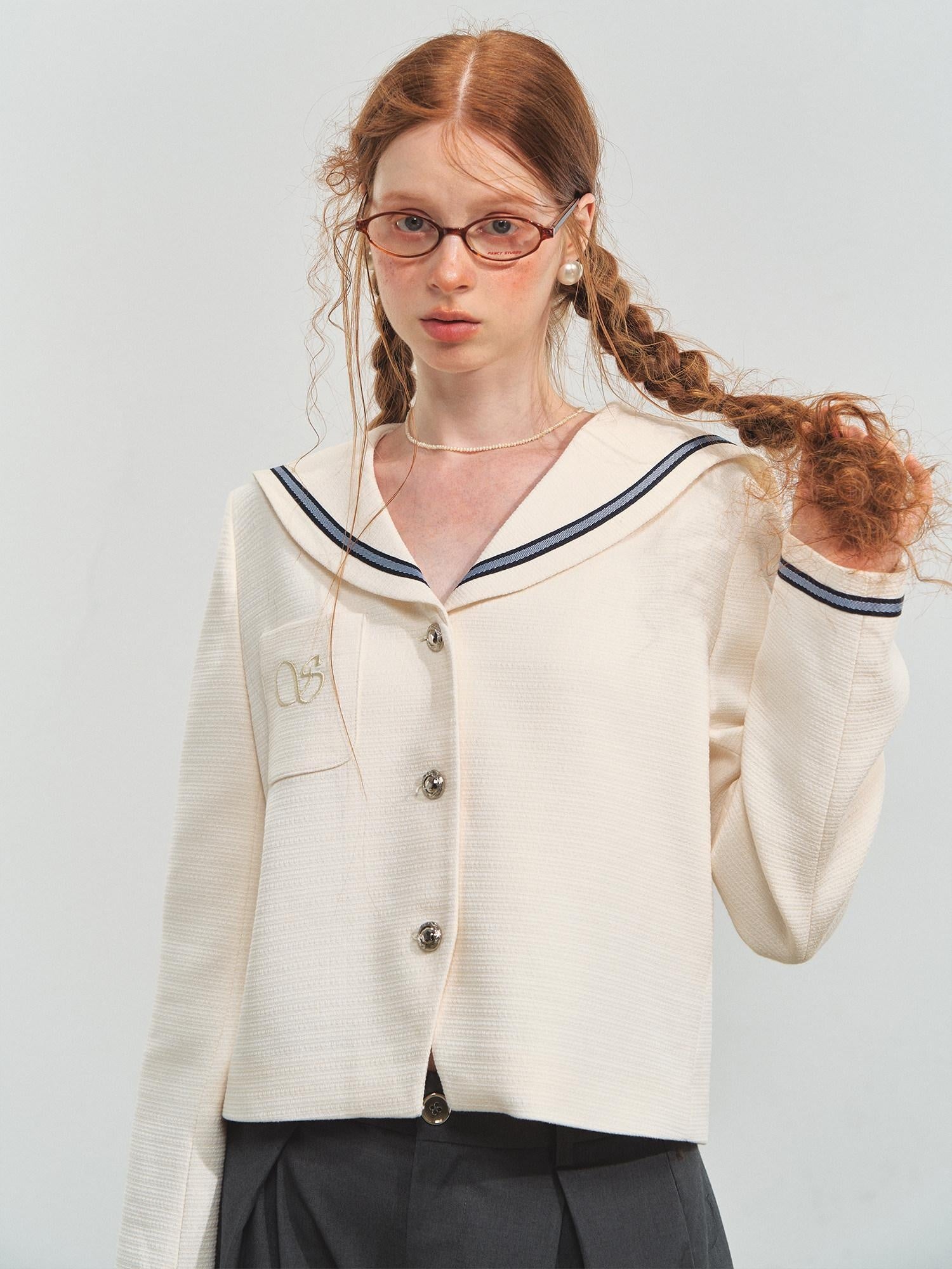 SOMESOWE Shape Retention Navy Inspired Tweed Relaxed Stand Collar Women White Short Coat
