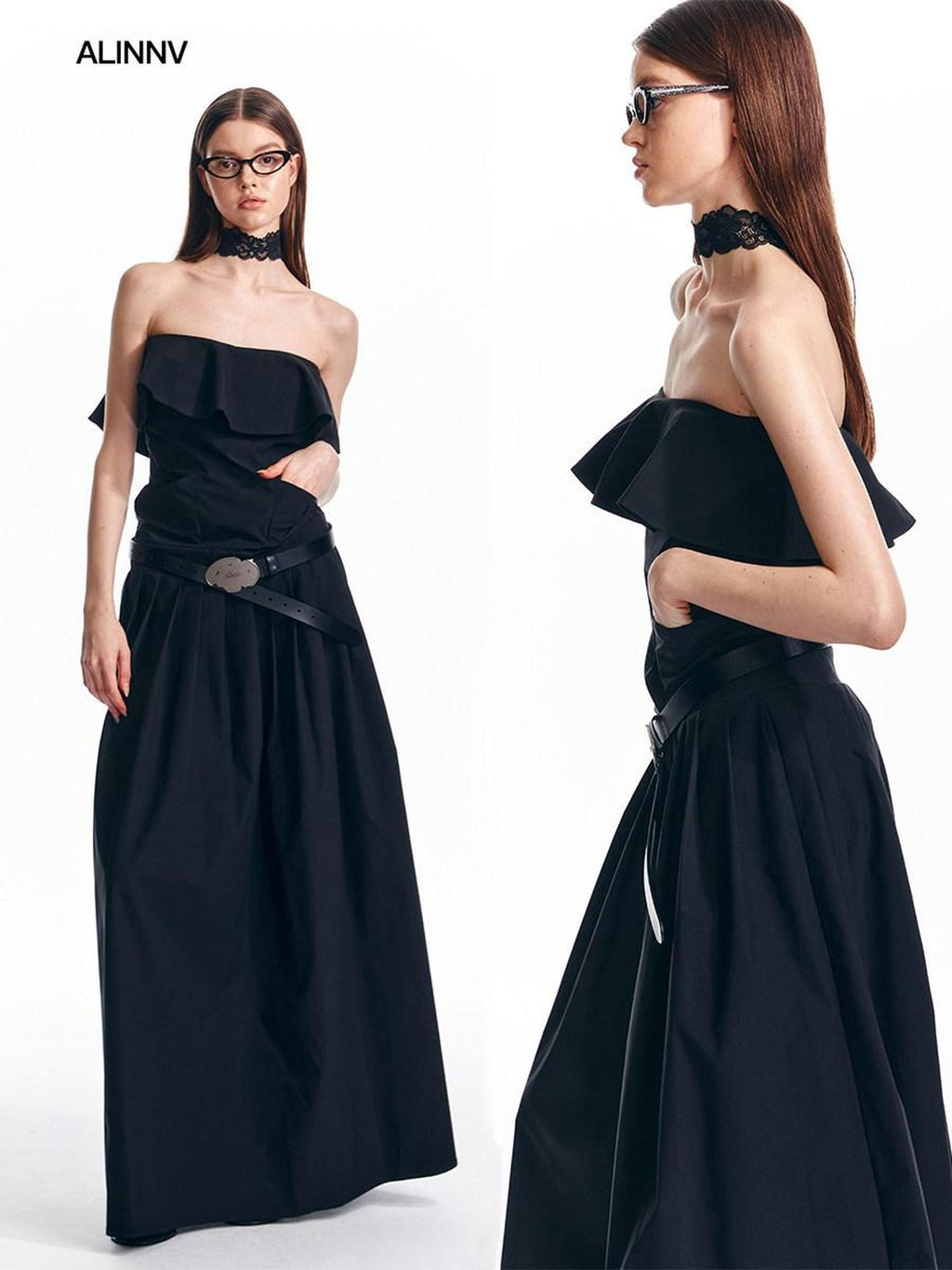 ALINNVSTUDIO Sexy Bandeau Cinched Waist Sleek Black And Grey Women Party Maxi Dresses