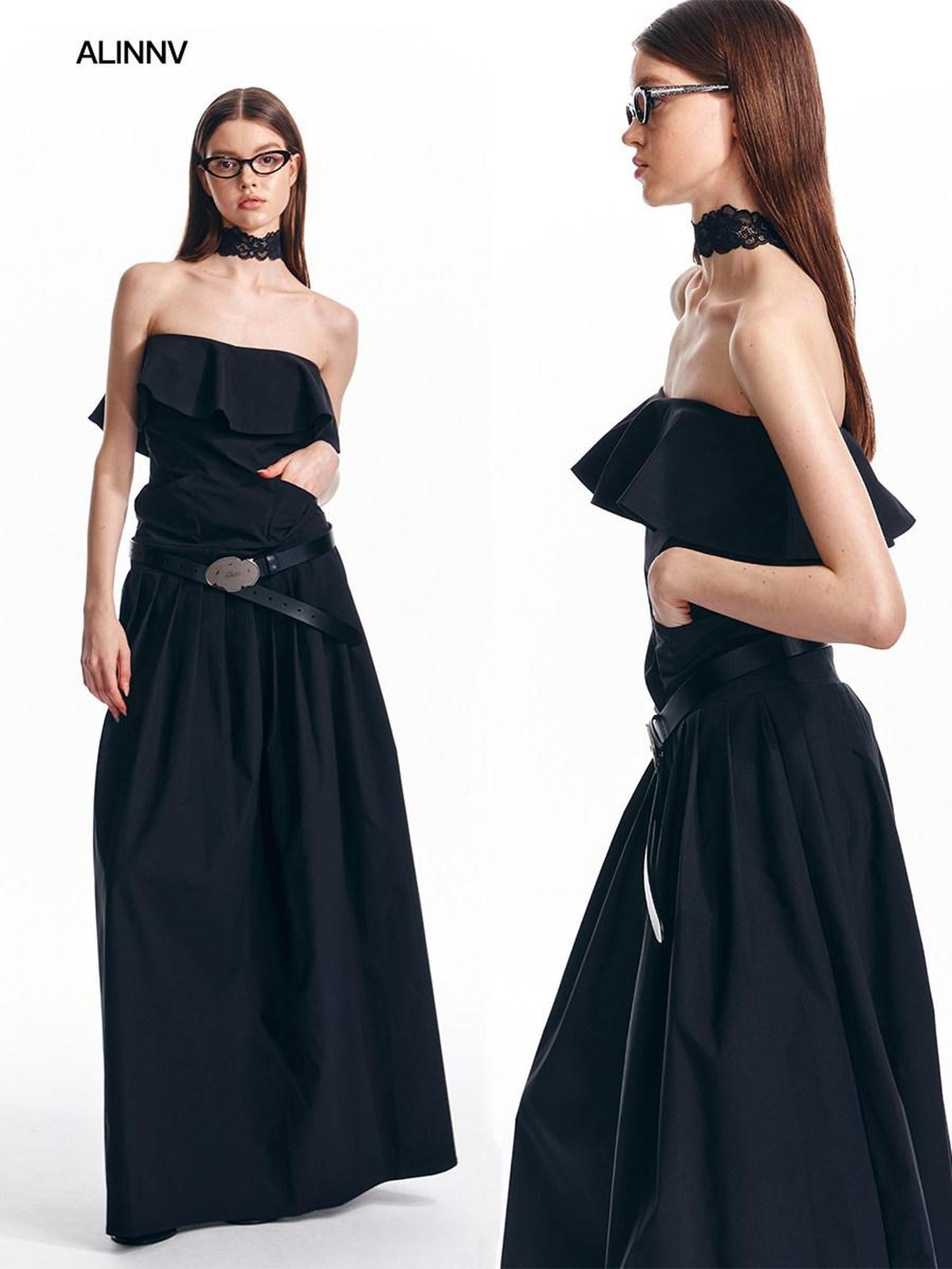 ALINNVSTUDIO Sexy Bandeau Cinched Waist Sleek Black And Grey Women Party Maxi Dresses