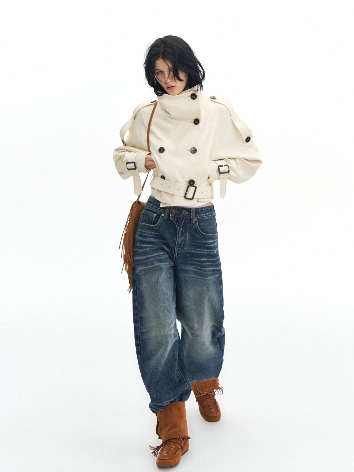 DeleteEx Cotton Blend Stand Collar Short Double Breasted London Off White Trench Coats