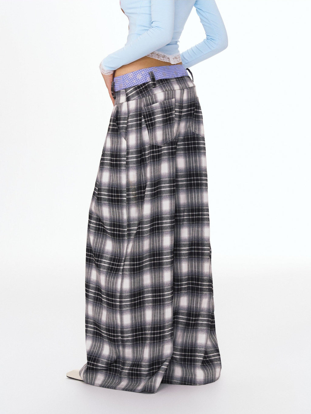Double Waist Zipper Natural Waist Relaxed Plaid Polyester Stretch Wide Leg Pants