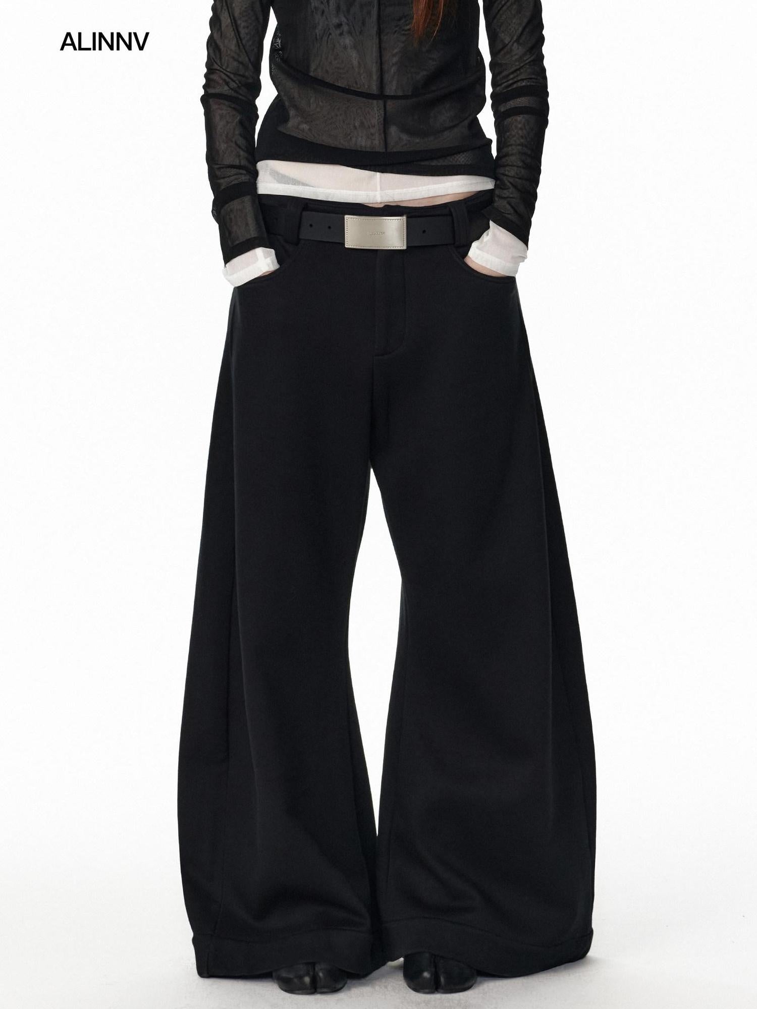ALINNVSTUDIO Plaid Low Rise Loose American Style Zipper Front Women Wide Leg Pants