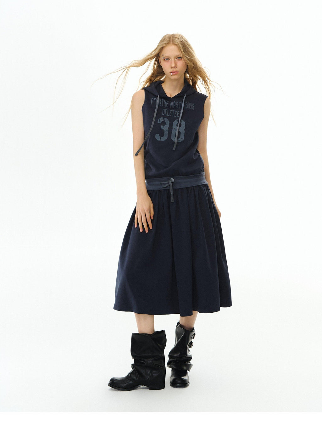 DeleteEx Soft Cotton Blend Elastic Waist Insta Sleeveless Printed Vest Navy Midi Dresses