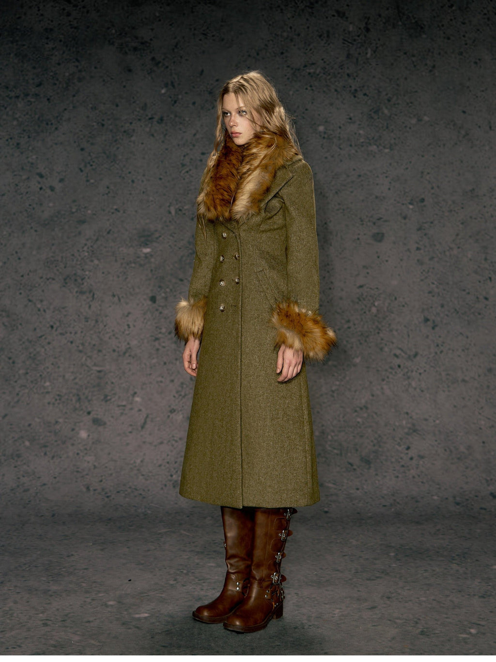 DeleteEx Wool Blend Vintage Commuter Double Breasted Midlength Yellow Green Wool Coats