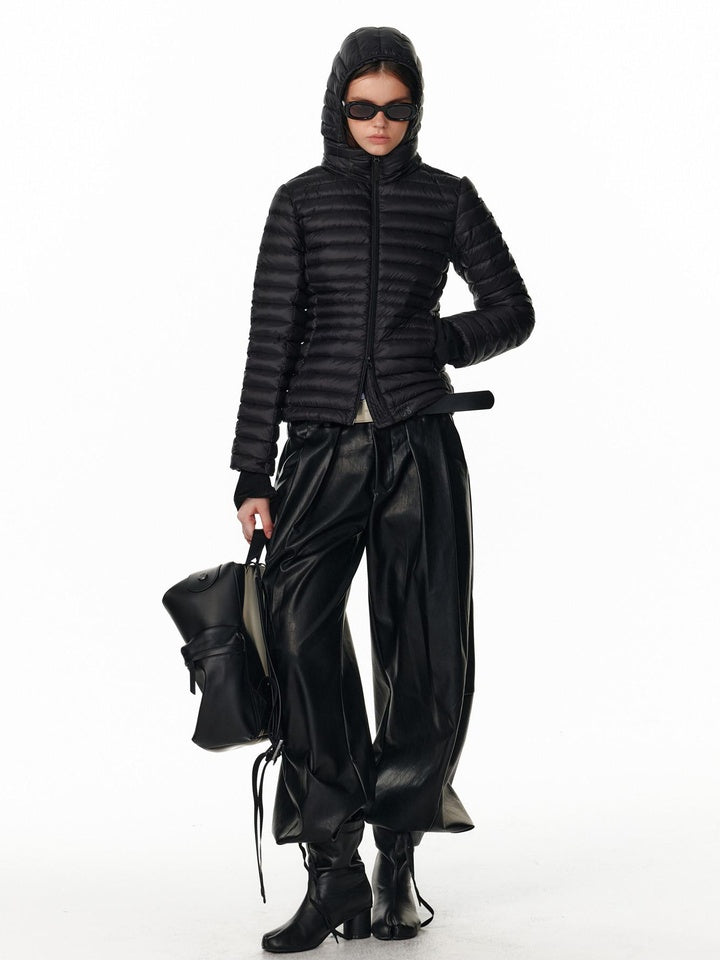 ALINNVSTUDIO 90 Fill Duck Down Thin Fitted Commuter Hooded Women Black Down Jackets