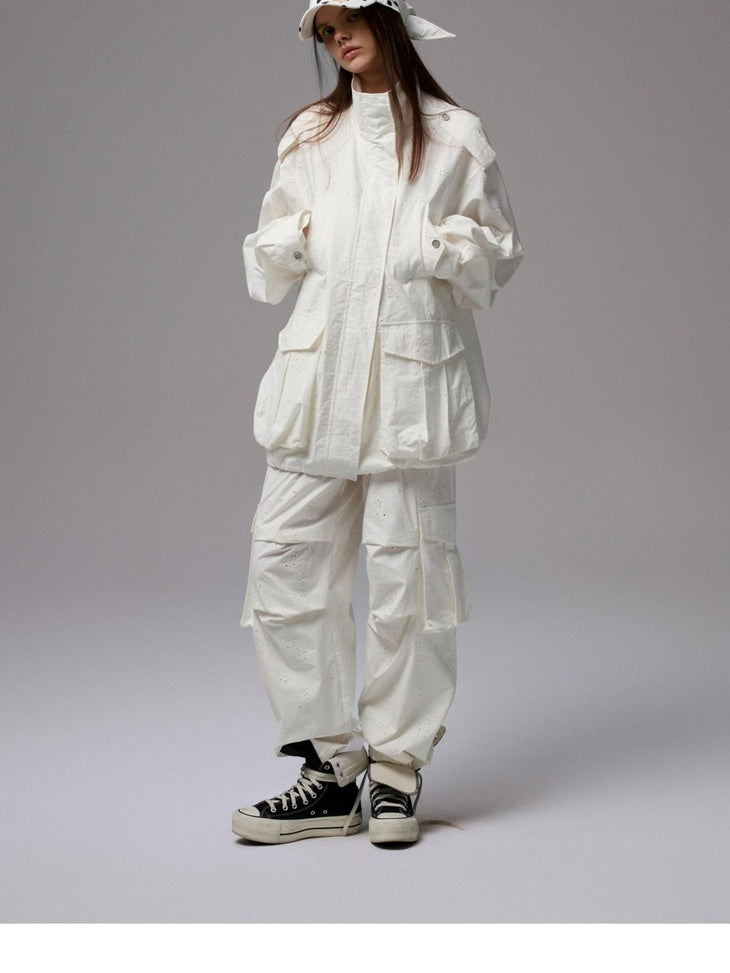 1JINN STUDIO Versatile Minimal Loose Flared Low Rise Zip Fly Cotton Jacquard Cargo Pants
