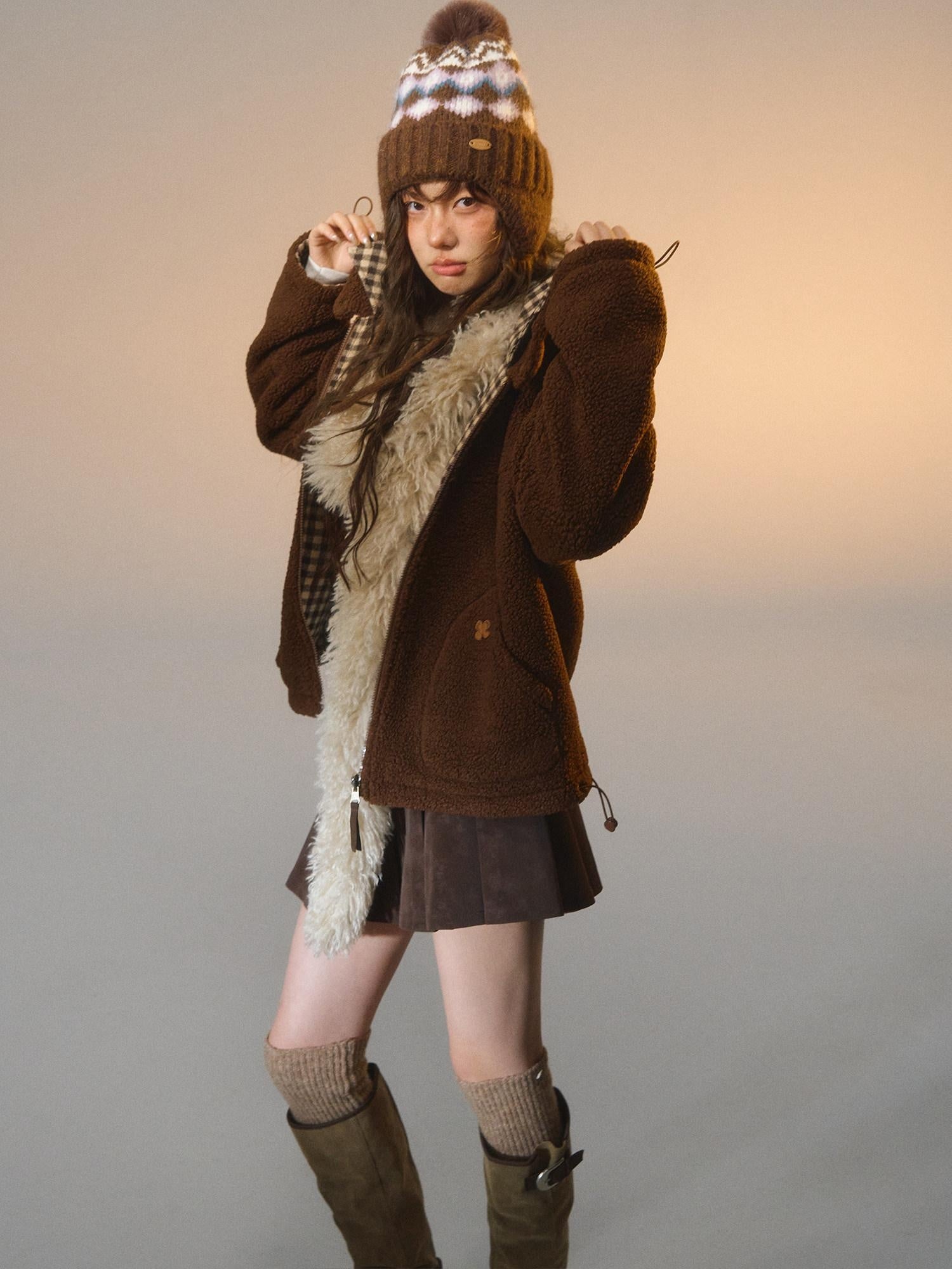 SOMESOWE Reversible Plaid Loose Fit Short Button Women Brown Polyester Jackets