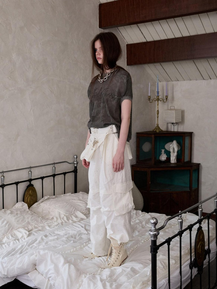 1JINN STUDIO Versatile Minimal Loose Flared Low Rise Zip Fly Cotton Jacquard Cargo Pants