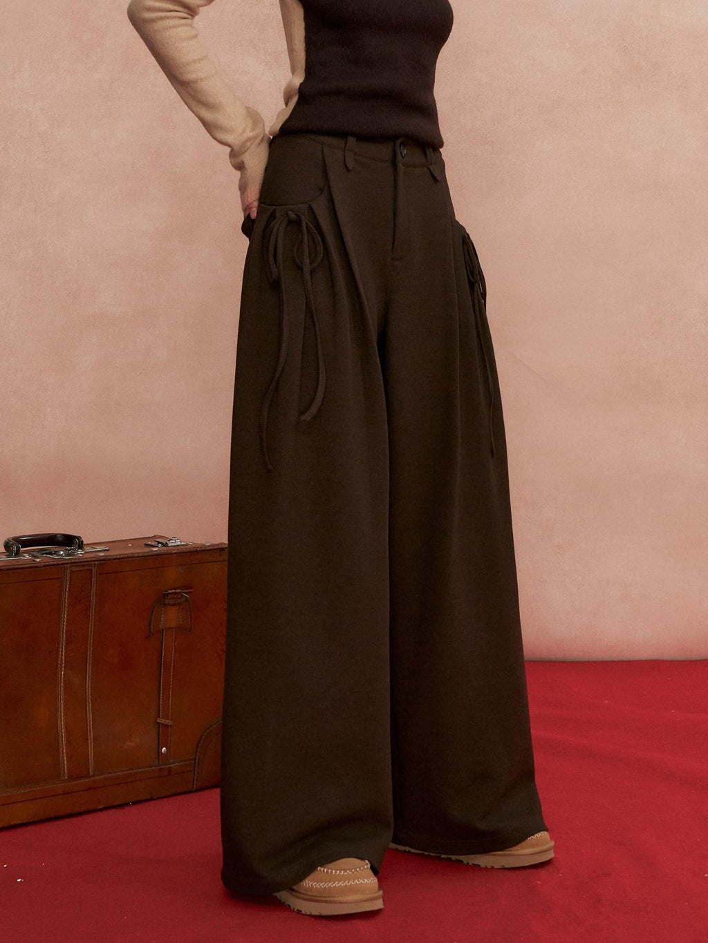 SOMESOWE Pleated Pockets Bow Print Natural Waist Casual Women Wide Leg Pants