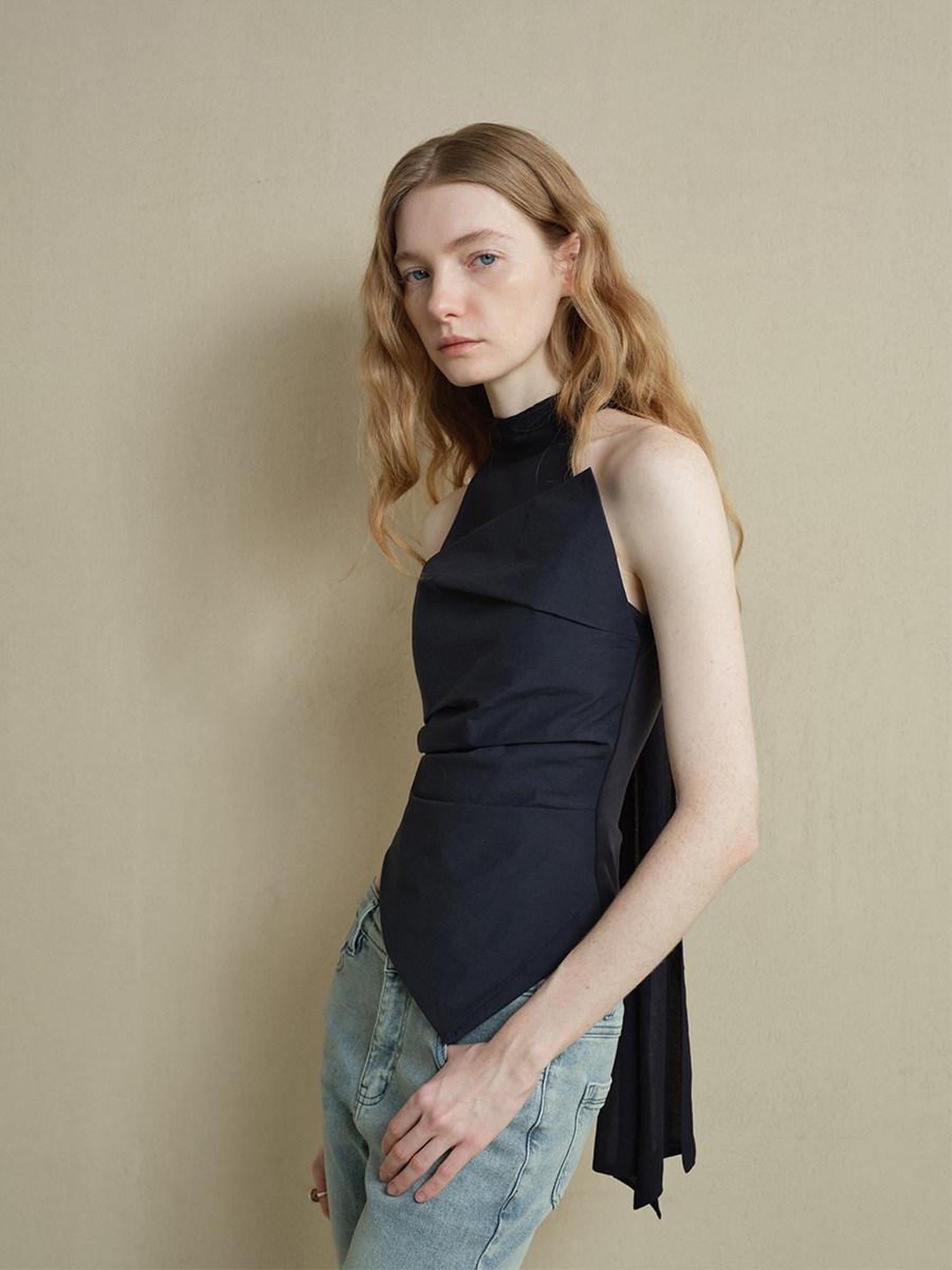 someonesometimes Slim Cutout Ruched Tie Front Korean Casual Navy Poly Tank Tops