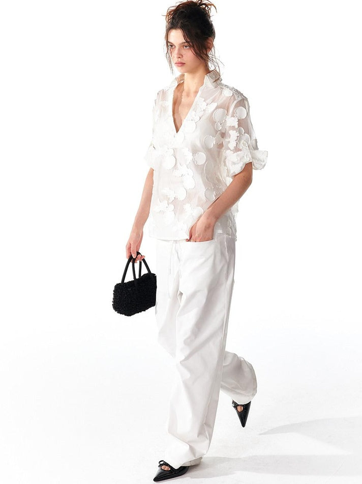 ALINNVSTUDIO Original Design Loose V-neck Short Sleeve Button Front Women Solid White Blouses