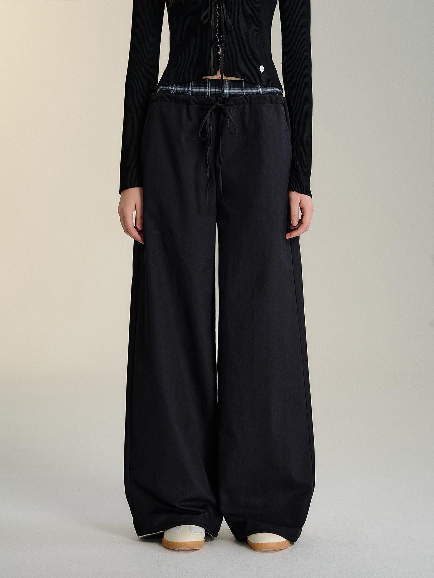 SOMESOWE Minimalist Double Waist Drawstring Natural Waist Office Women Wide Leg Pants