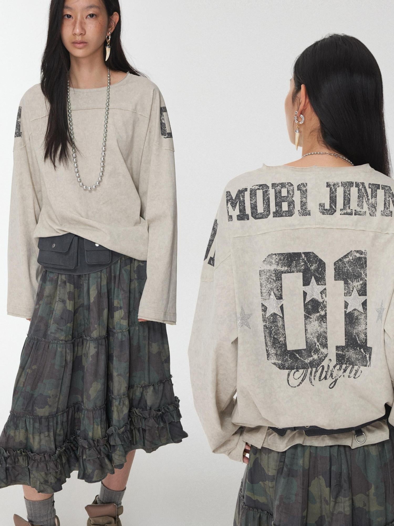 1JINN STUDIO Cotton Blend Printed American Relaxed Long Sleeve Mud Dyed Oversized T-Shirts