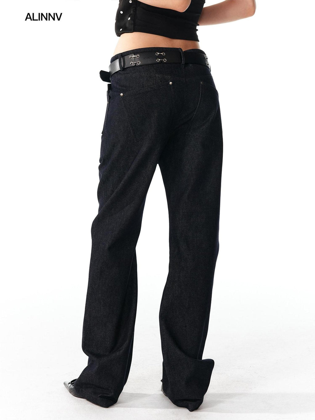 ALINNVSTUDIO Cotton Zip Fly Relaxed Fit Womens Dark Blue Light Blue Straight Leg Jeans