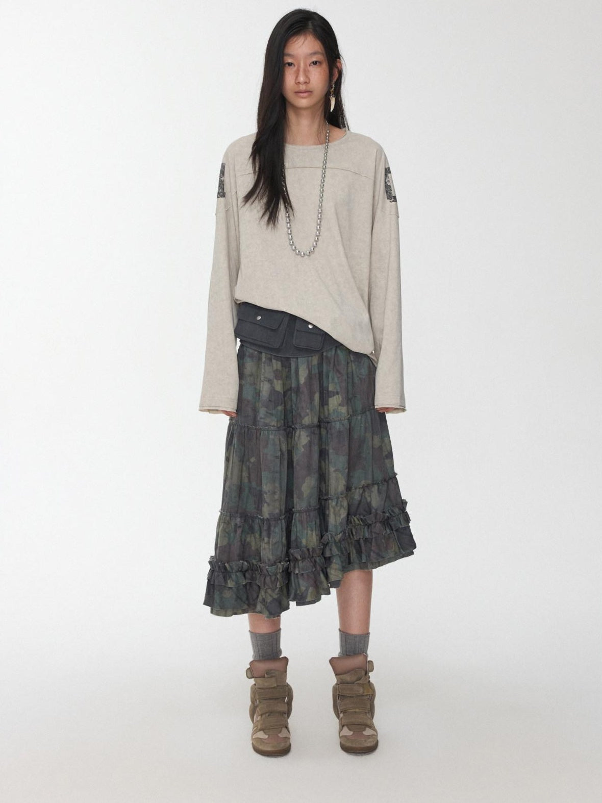 1JINN STUDIO Cotton Blend Printed American Relaxed Long Sleeve Mud Dyed Oversized T-Shirts