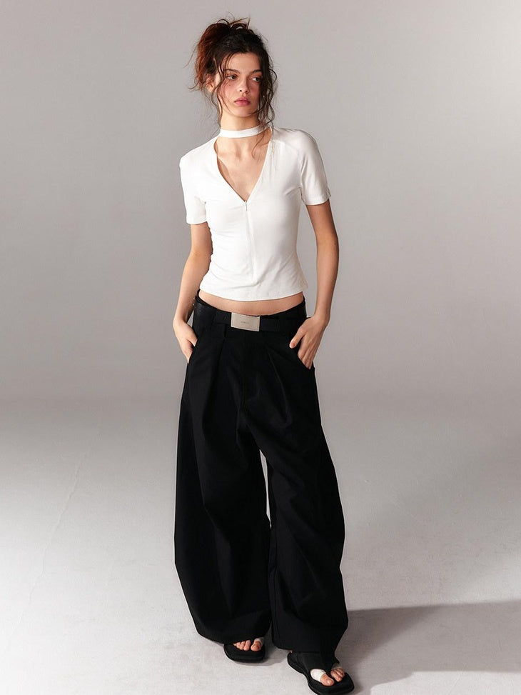 ALINNVSTUDIO Moisture Modal Stretch Asymmetric V-neck Slim Cross Basic Crop Tops