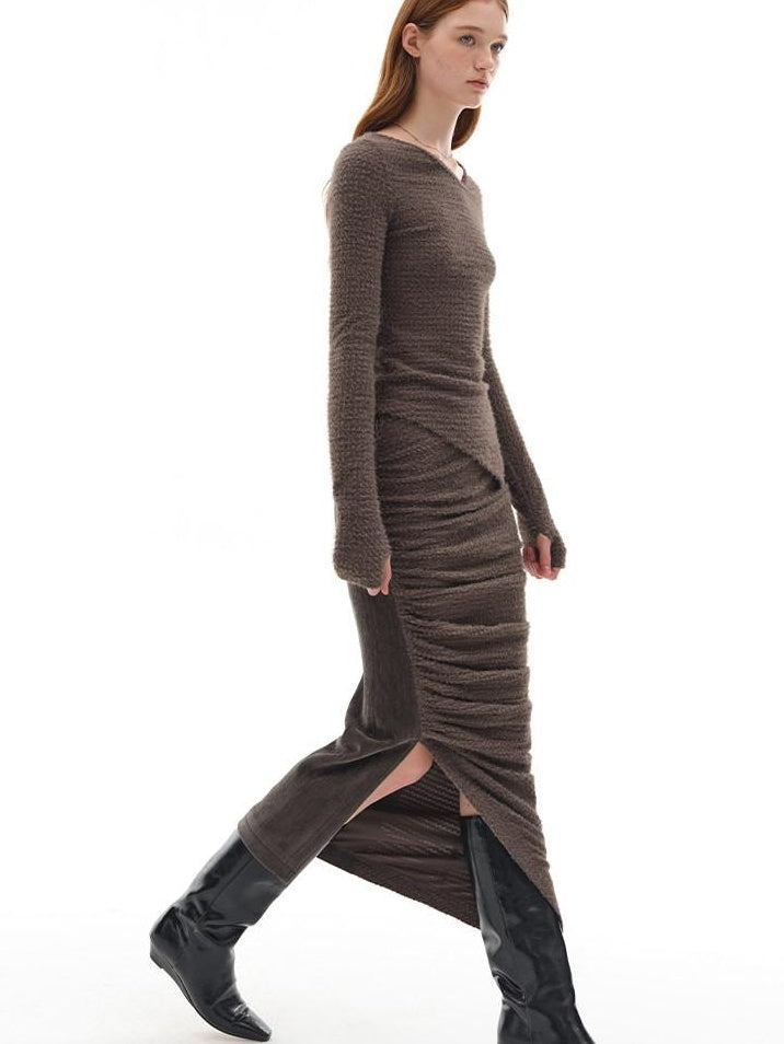 someonesometimes Slim Knit Minimal Casual Crewneck Long Sleeve Women Gray Top & Skirt Sets