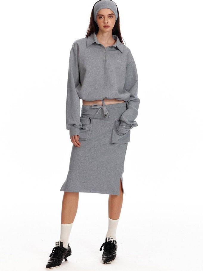 ALINNVSTUDIO Cropped Loose Fit Polo Collar Long Sleeve Commuter Solid Color Sweatshirt