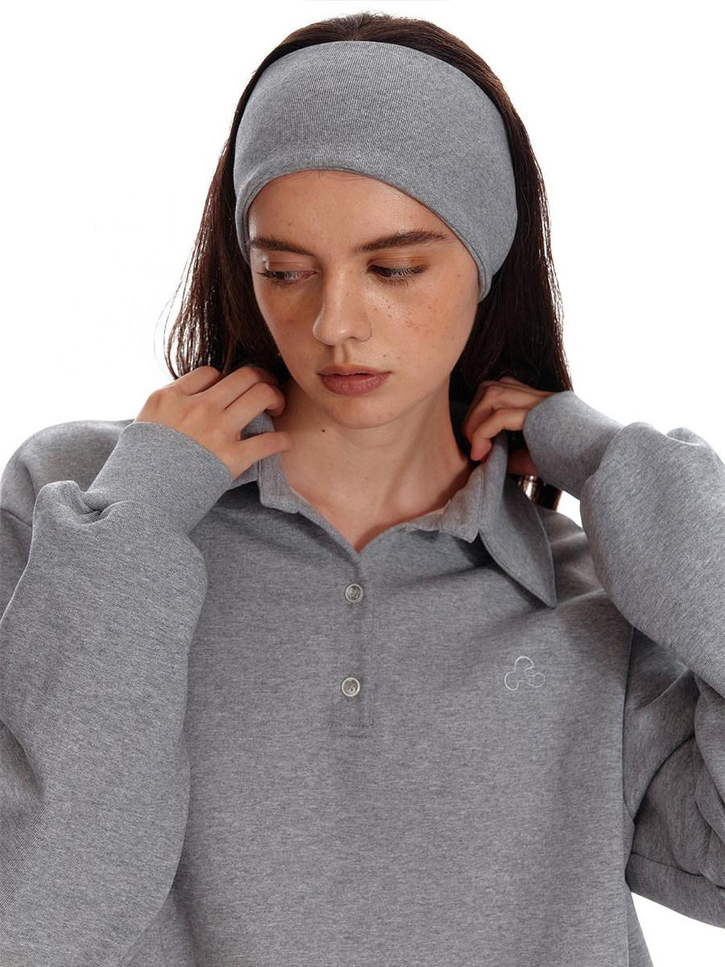 ALINNVSTUDIO Cropped Loose Fit Polo Collar Long Sleeve Commuter Solid Color Sweatshirt