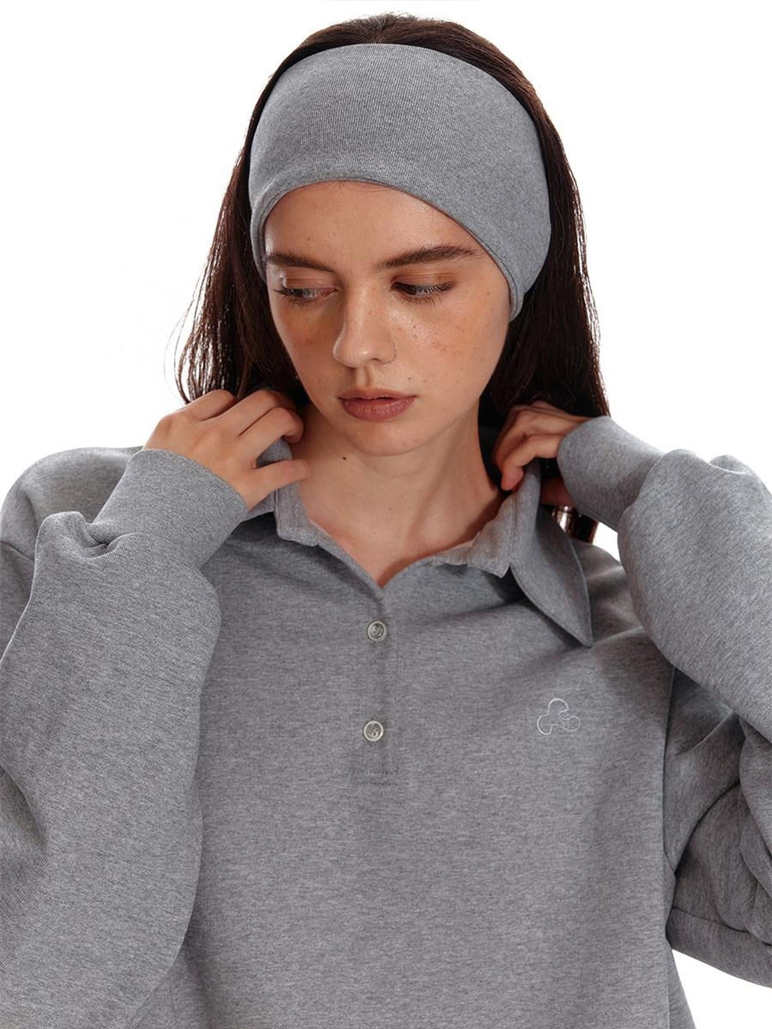 ALINNVSTUDIO Cropped Loose Fit Polo Collar Long Sleeve Commuter Solid Color Sweatshirt