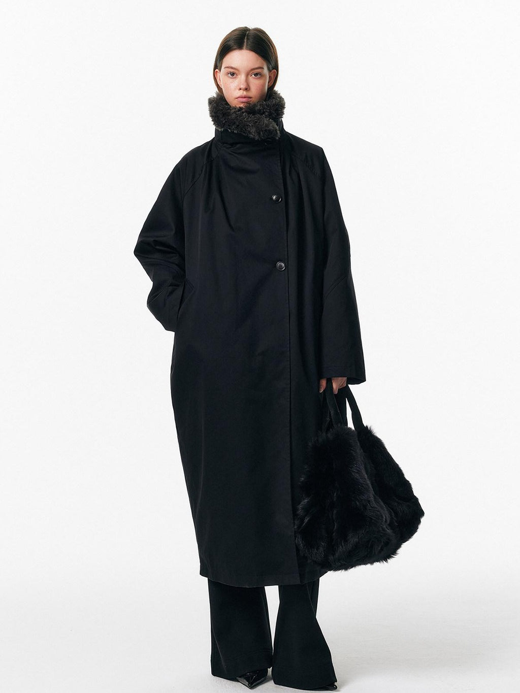 ALINNVSTUDIO 90% White Duck Down Long Stand Collar Single Breasted Women Black Down Jackets