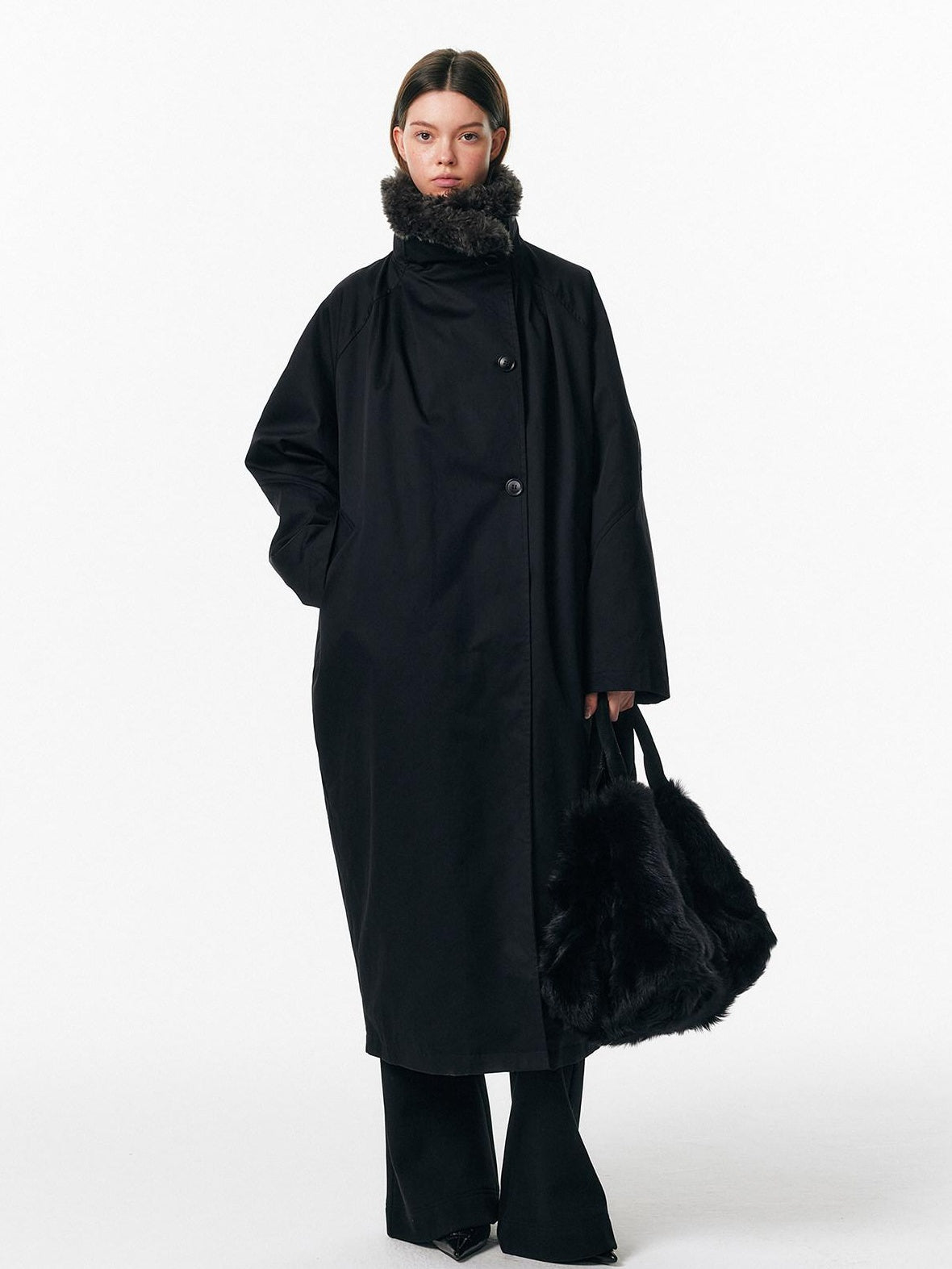 ALINNVSTUDIO 90% White Duck Down Long Stand Collar Single Breasted Women Black Down Jackets