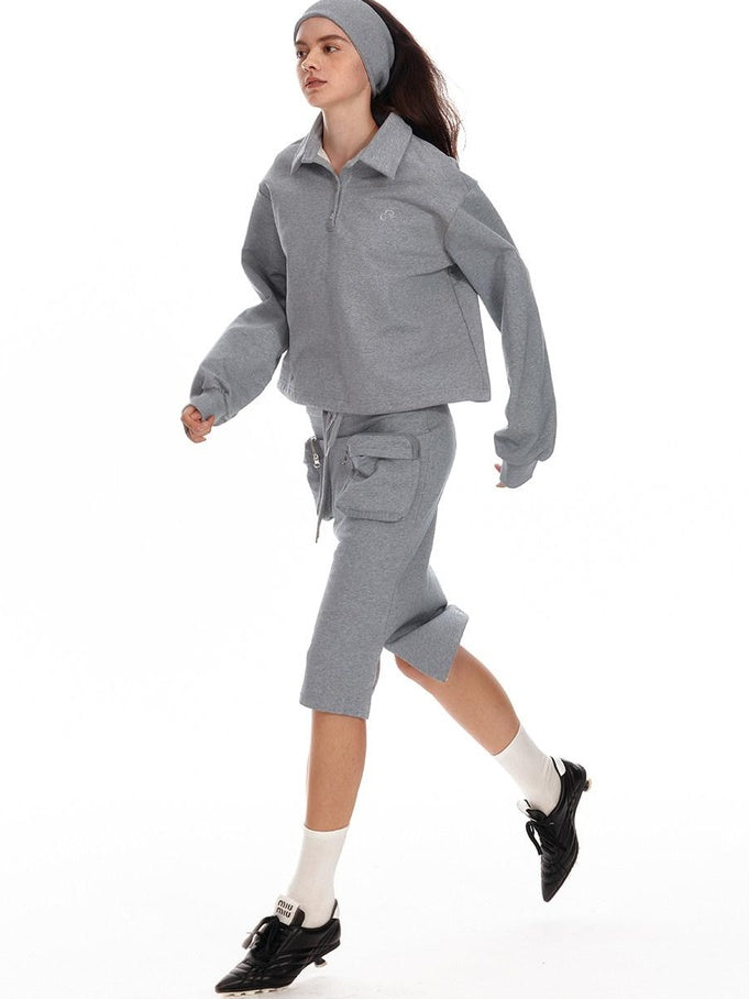 ALINNVSTUDIO Cropped Loose Fit Polo Collar Long Sleeve Commuter Solid Color Sweatshirt