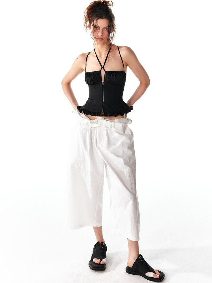 ALINNVSTUDIO Front Zipper Original Slim Fit Crop Strap Top Black Acetate Camisoles