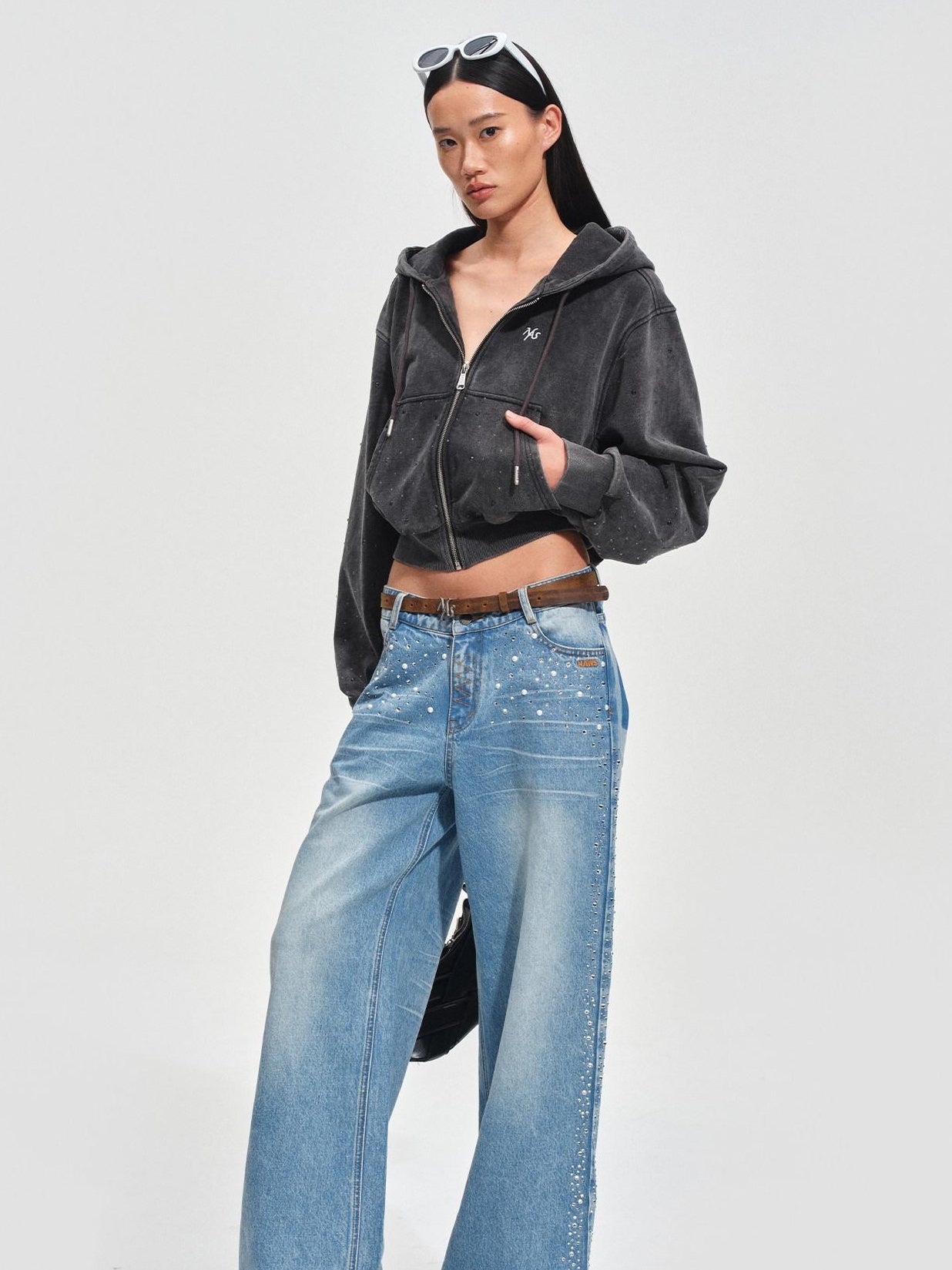 NAWSNOTAWEAR Rhinestone Embellished Vintage Low Waist Glacier Blue Wide Leg Jeans