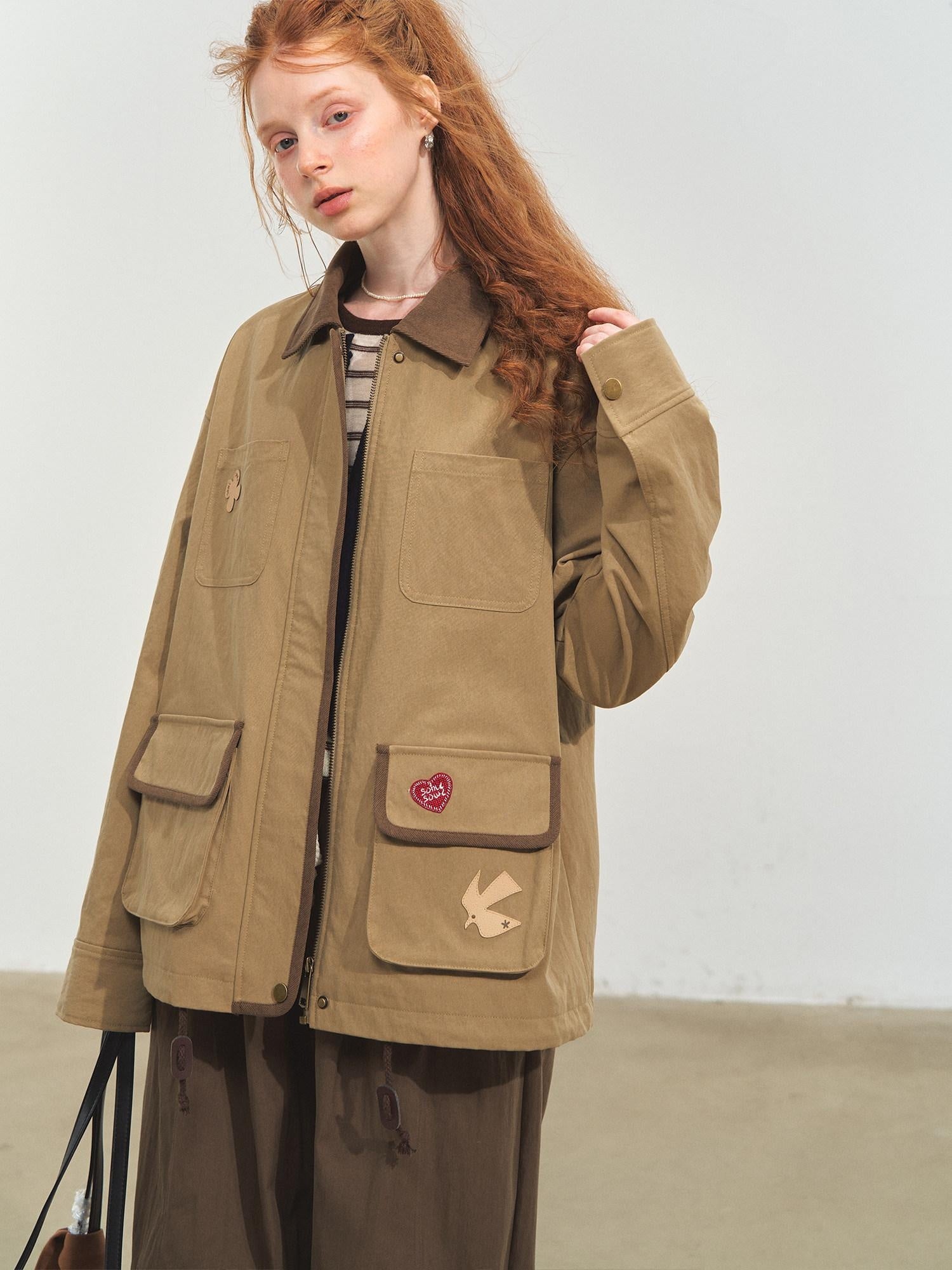 SOMESOWE Everyday Casual Loose Fit Flap Pocket Zip Front Women Khaki Navy Bomber Jackets