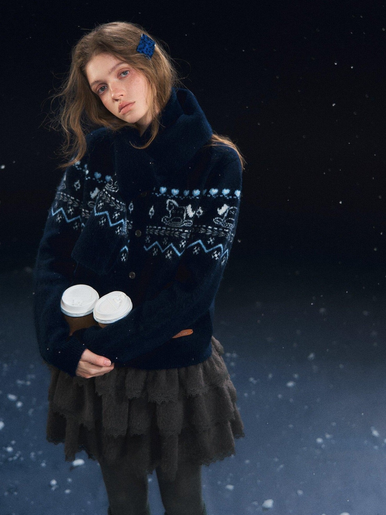SOMESOWE Cozy Animal Contrast Knit Regular Fit Women Button Neck Cardigans